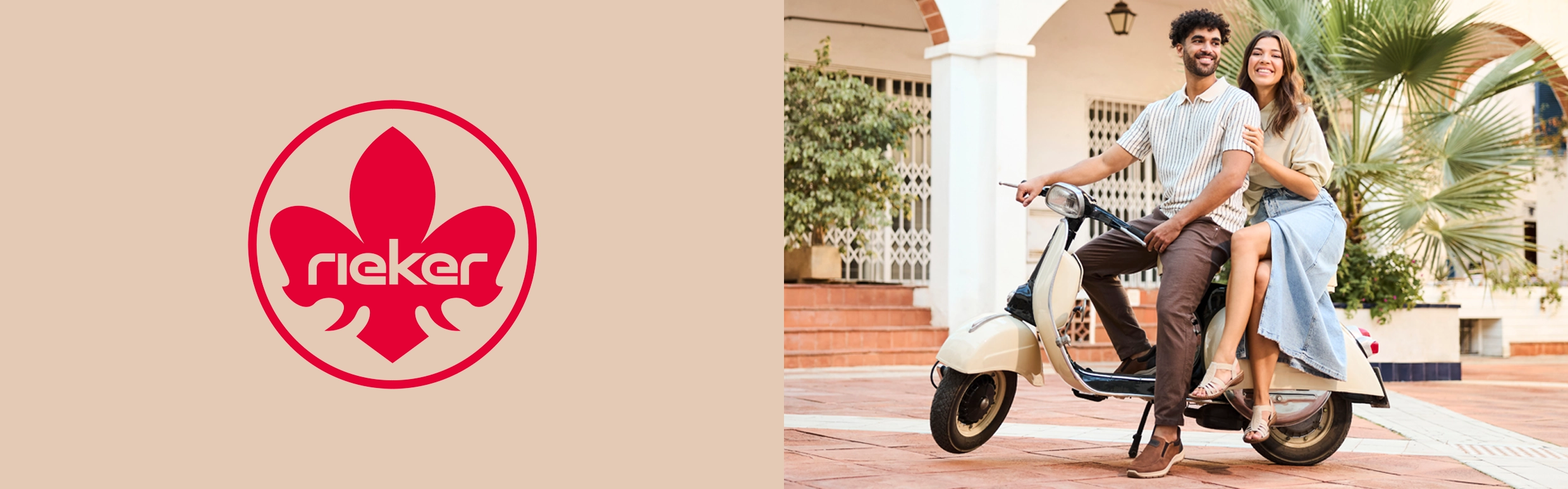 Pärchen sitzt auf einem Motorroller und trägt Schuhe von Rieker Pärchen sitzt auf einem Motorroller und trägt Schuhe von Rieker